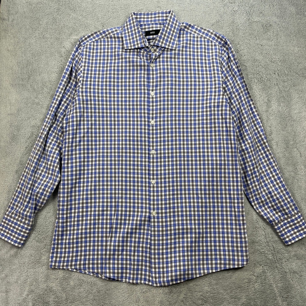 Hugo Boss Button Up Shirt Mens 17 34/35 Blue Gingham Sharp Fit Long Sleeve